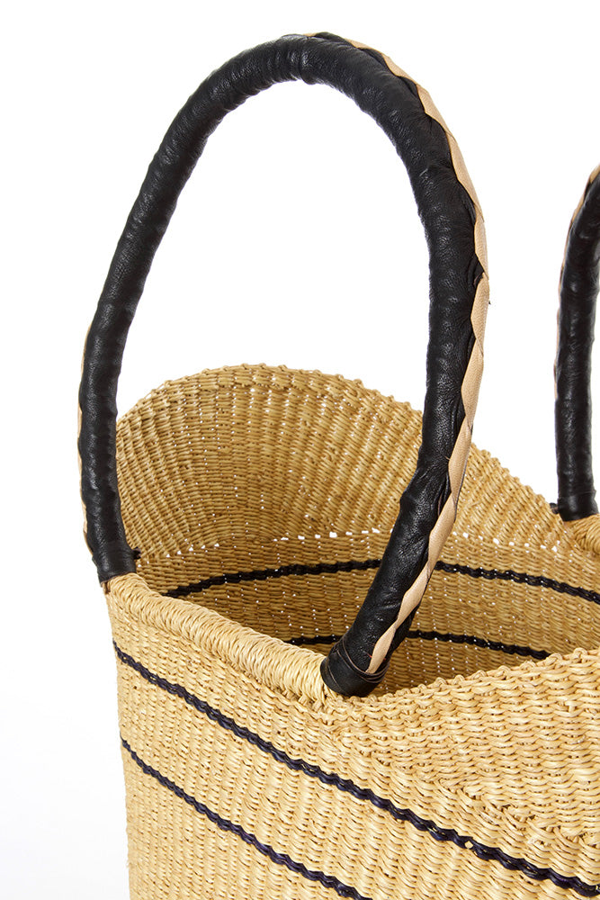 Natural Pinstripe Bolga Shopper with Leather Handles - YEHT CO.